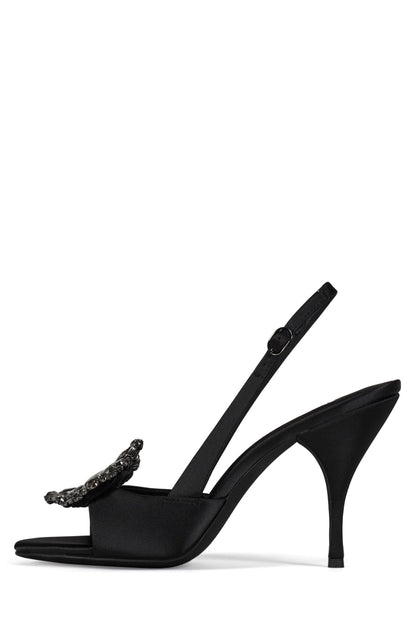 TRIOMPHE-J Heeled Slingback Sandal - Black Satin Pewter | Jeffrey Campbell