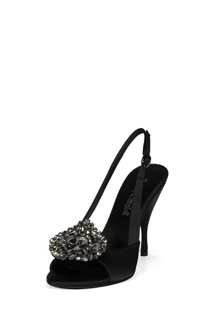 TRIOMPHE-J Heeled Slingback Sandal - Black Satin Pewter | Jeffrey Campbell