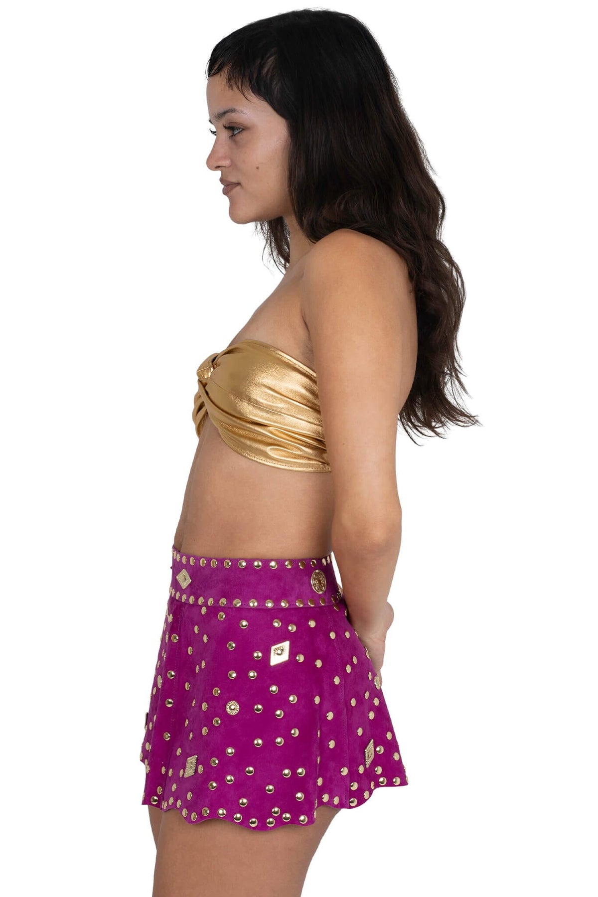 MARQUEE Mini Skirt - Fuchsia Suede Gold | Jeffrey Campbell