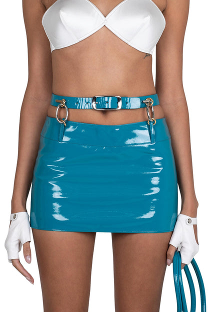 VYPER SKIRT Mini Skirt - Turquoise Crinkle Patent | Jeffrey Campbell