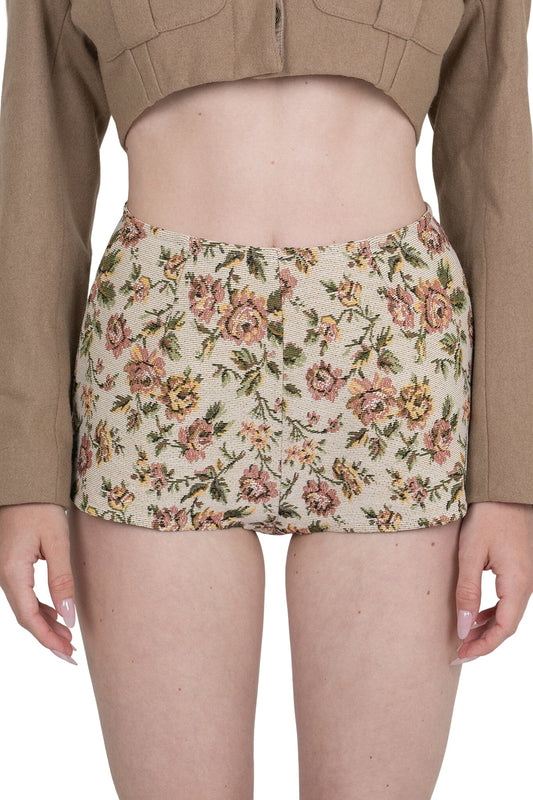 CHEEKZ-T SHORTS - Beige Floral Tapestry | Jeffrey Campbell