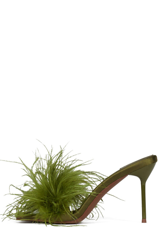 SHOPAHOLIC Heeled Mule - Green Satin Combo | Jeffrey Campbell